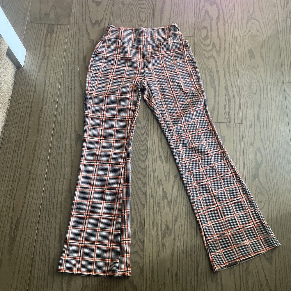 Indero Scuba Pants Womens S/M Black‎ Orange Plaid Stretch Pull On Bootcut